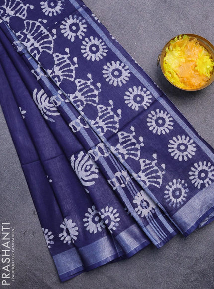 Linen cotton saree navy blue with allover batik butta prints and silver zari woven border