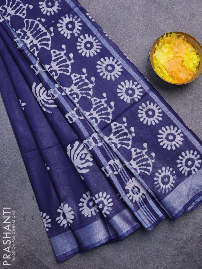 Linen cotton saree navy blue with allover batik butta prints and silver zari woven border