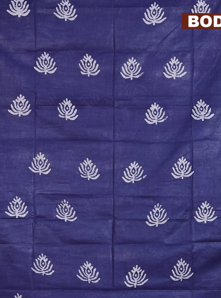 Linen cotton saree navy blue with allover batik butta prints and silver zari woven border