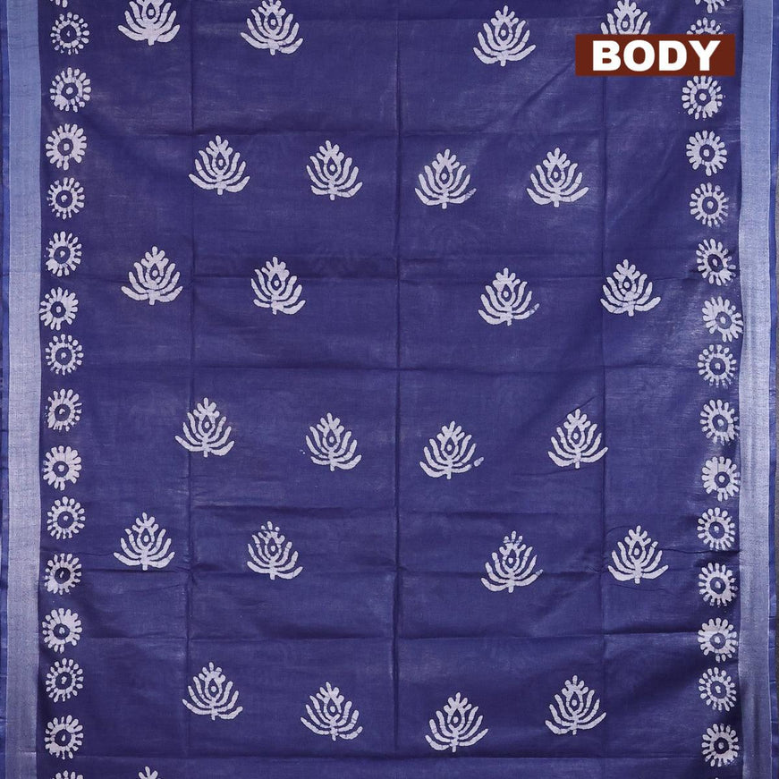 Linen cotton saree navy blue with allover batik butta prints and silver zari woven border