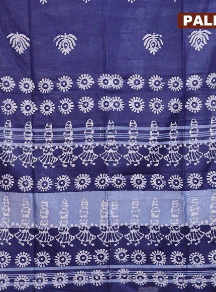 Linen cotton saree navy blue with allover batik butta prints and silver zari woven border