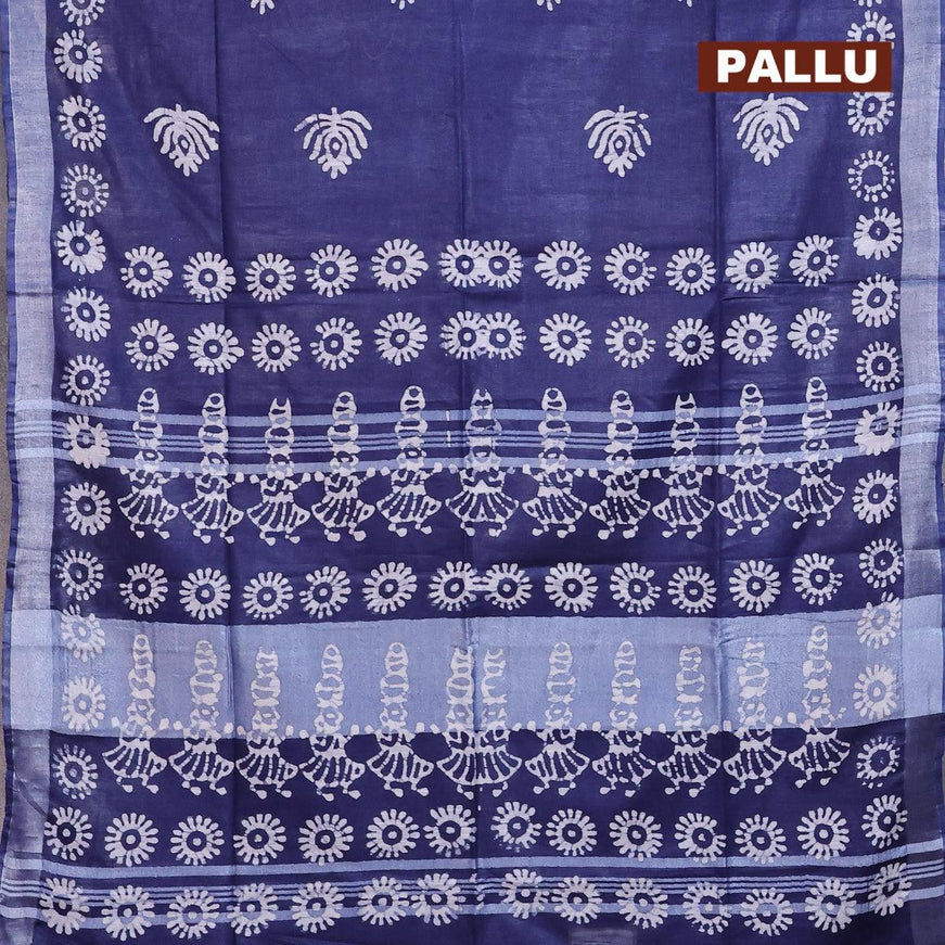 Linen cotton saree navy blue with allover batik butta prints and silver zari woven border