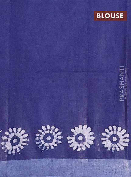 Linen cotton saree navy blue with allover batik butta prints and silver zari woven border