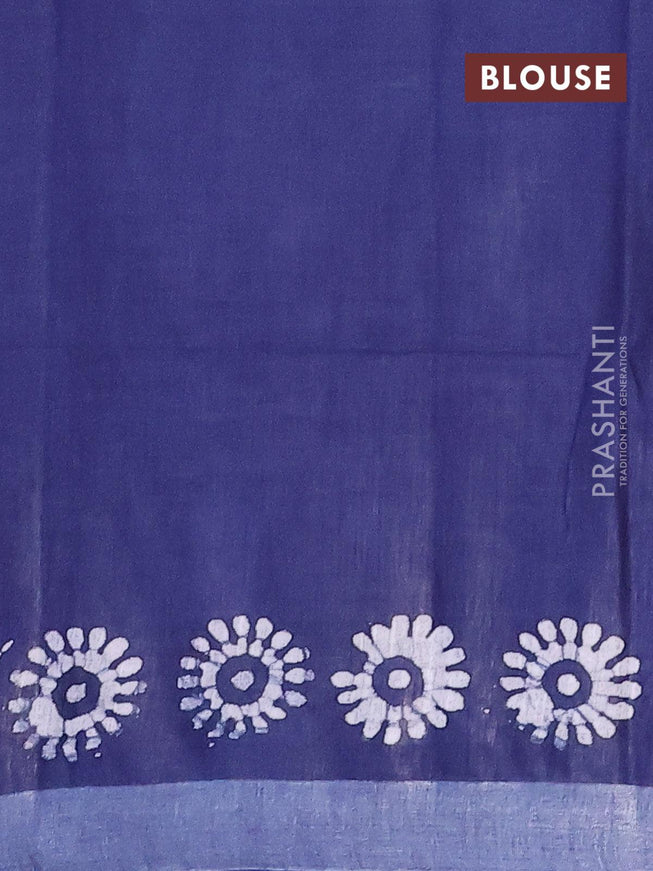 Linen cotton saree navy blue with allover batik butta prints and silver zari woven border