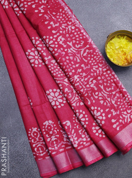 Linen cotton saree pink with allover batik butta prints and silver zari woven border