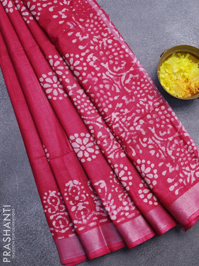 Linen cotton saree pink with allover batik butta prints and silver zari woven border