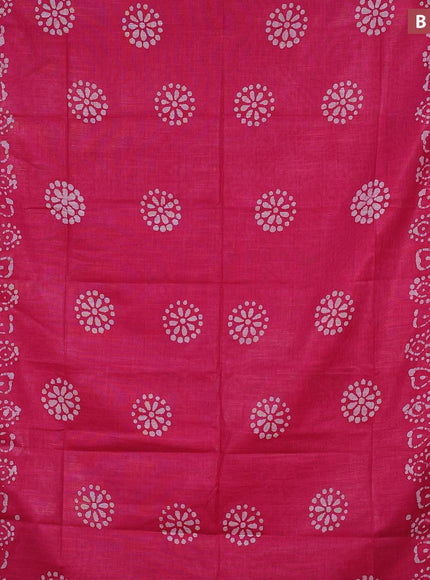 Linen cotton saree pink with allover batik butta prints and silver zari woven border