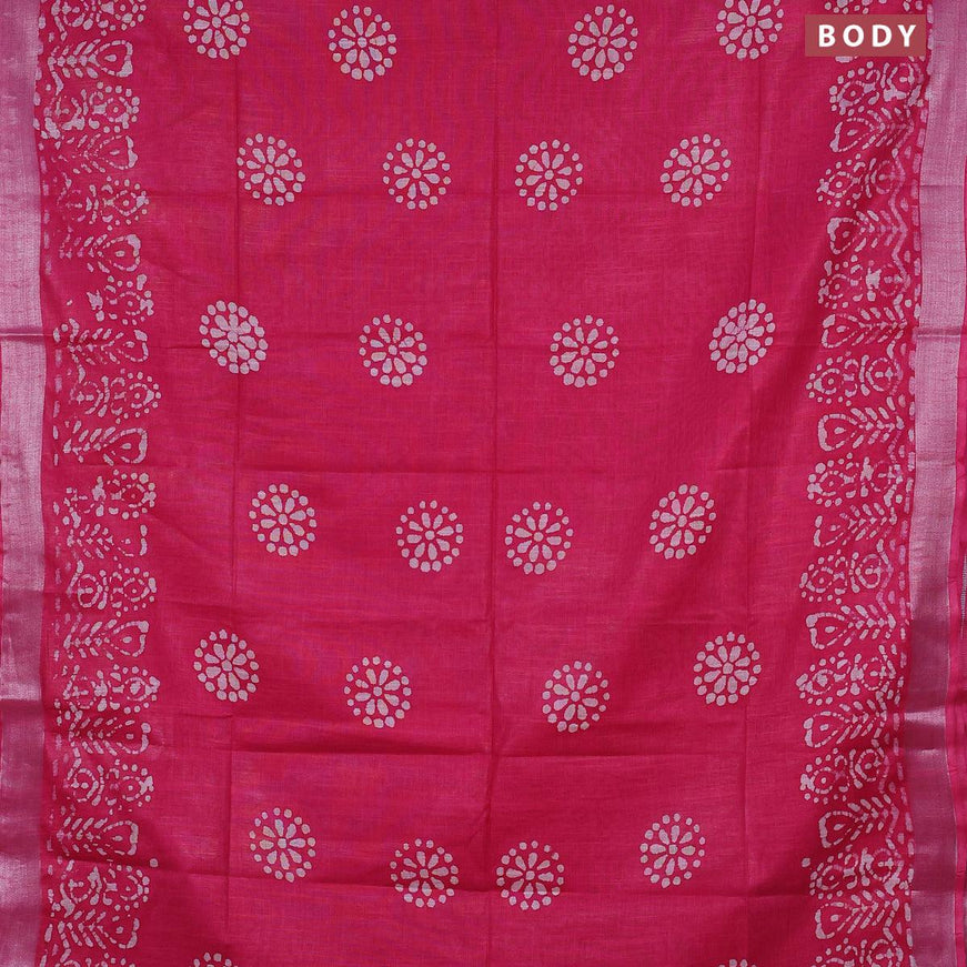 Linen cotton saree pink with allover batik butta prints and silver zari woven border