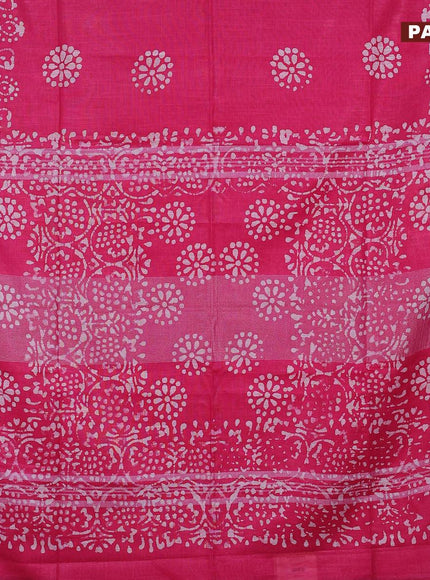 Linen cotton saree pink with allover batik butta prints and silver zari woven border