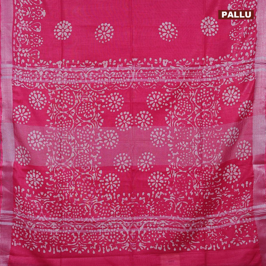 Linen cotton saree pink with allover batik butta prints and silver zari woven border