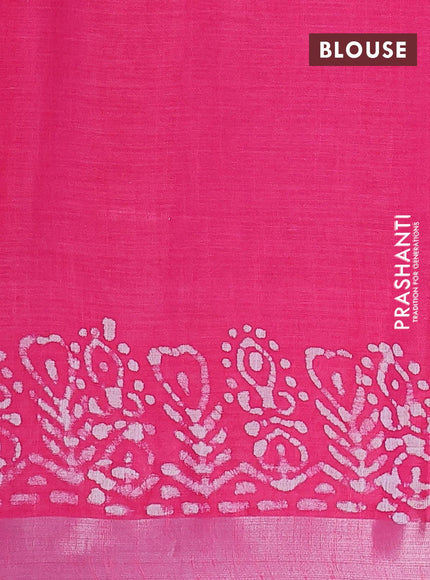 Linen cotton saree pink with allover batik butta prints and silver zari woven border