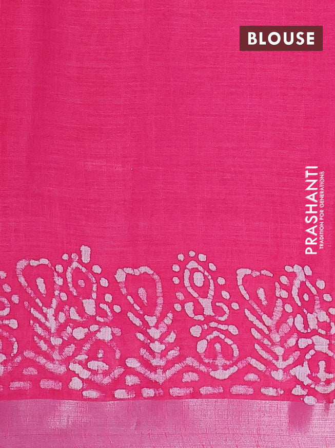 Linen cotton saree pink with allover batik butta prints and silver zari woven border