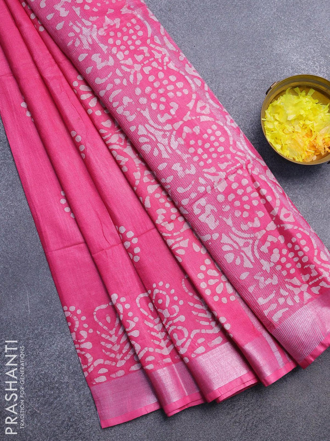 Linen cotton saree pink with allover batik butta prints and silver zari woven border