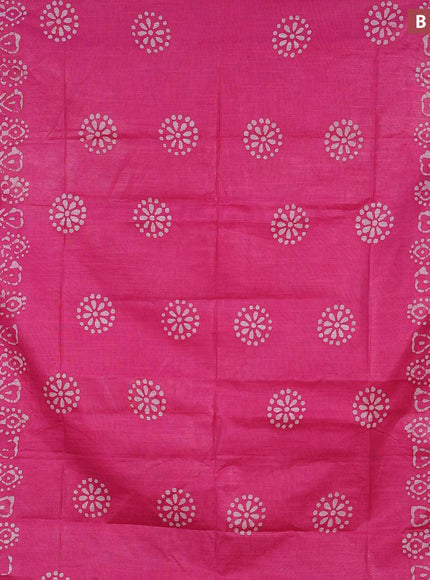 Linen cotton saree pink with allover batik butta prints and silver zari woven border