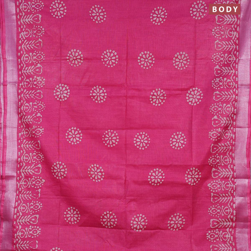 Linen cotton saree pink with allover batik butta prints and silver zari woven border