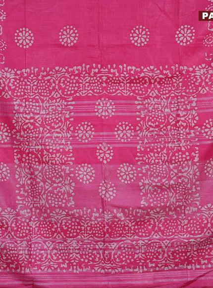 Linen cotton saree pink with allover batik butta prints and silver zari woven border