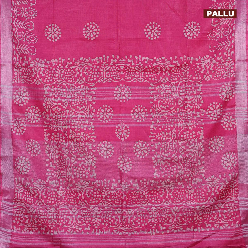 Linen cotton saree pink with allover batik butta prints and silver zari woven border