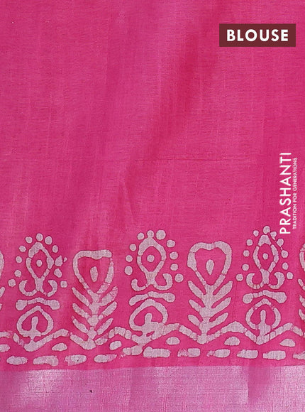 Linen cotton saree pink with allover batik butta prints and silver zari woven border