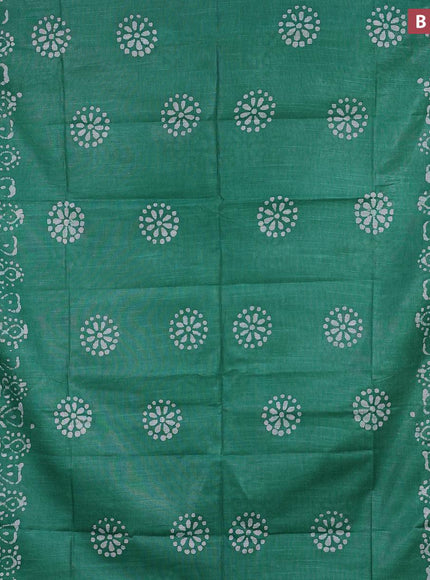 Linen cotton saree green with allover batik butta prints and silver zari woven border