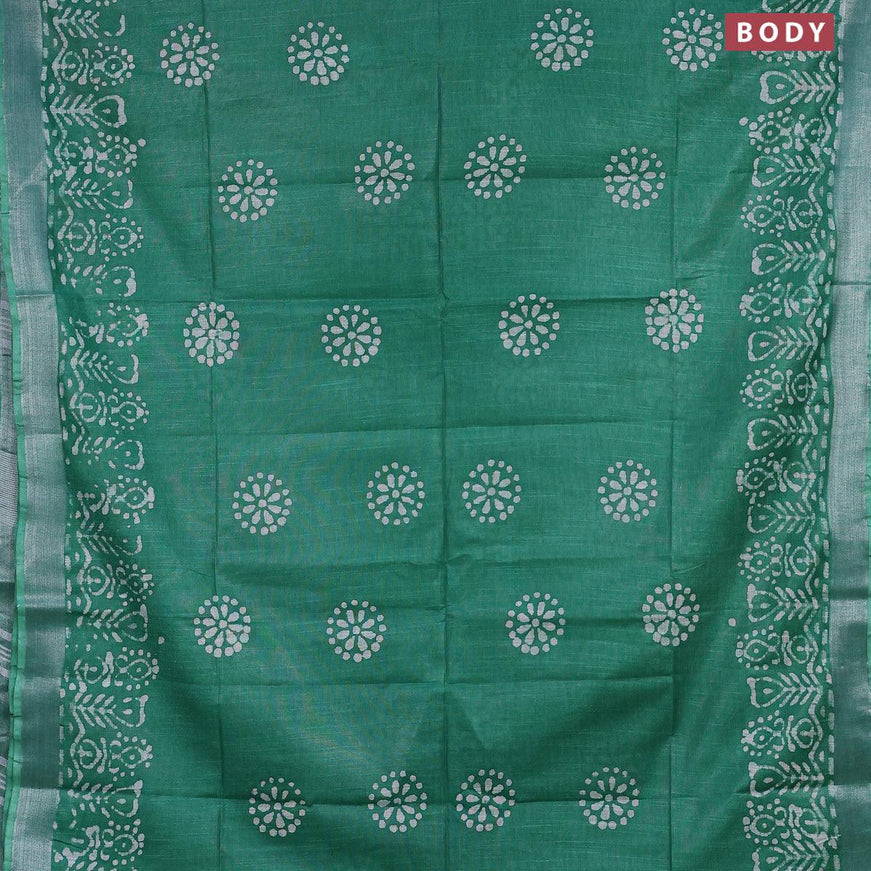 Linen cotton saree green with allover batik butta prints and silver zari woven border