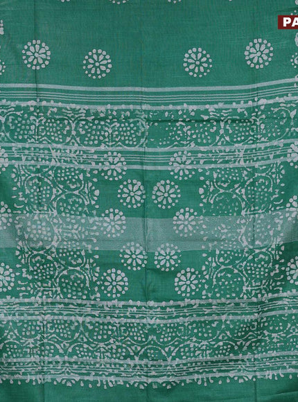 Linen cotton saree green with allover batik butta prints and silver zari woven border