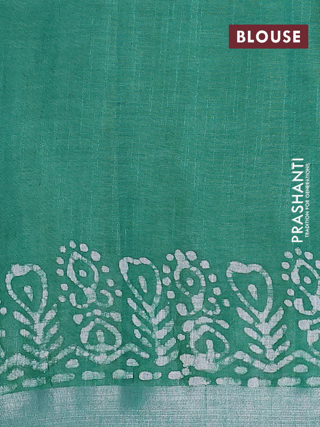 Linen cotton saree green with allover batik butta prints and silver zari woven border