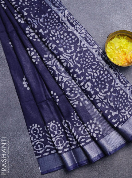 Linen cotton saree navy blue with allover batik butta prints and silver zari woven border