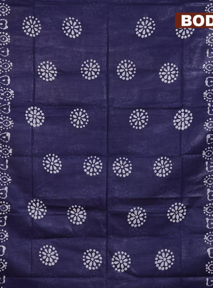 Linen cotton saree navy blue with allover batik butta prints and silver zari woven border