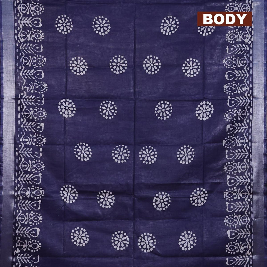 Linen cotton saree navy blue with allover batik butta prints and silver zari woven border