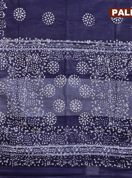 Linen cotton saree navy blue with allover batik butta prints and silver zari woven border