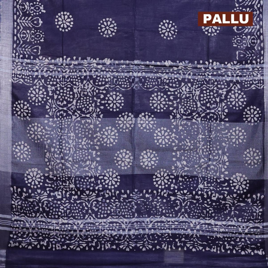 Linen cotton saree navy blue with allover batik butta prints and silver zari woven border