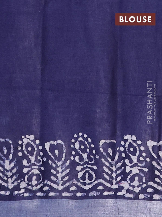 Linen cotton saree navy blue with allover batik butta prints and silver zari woven border