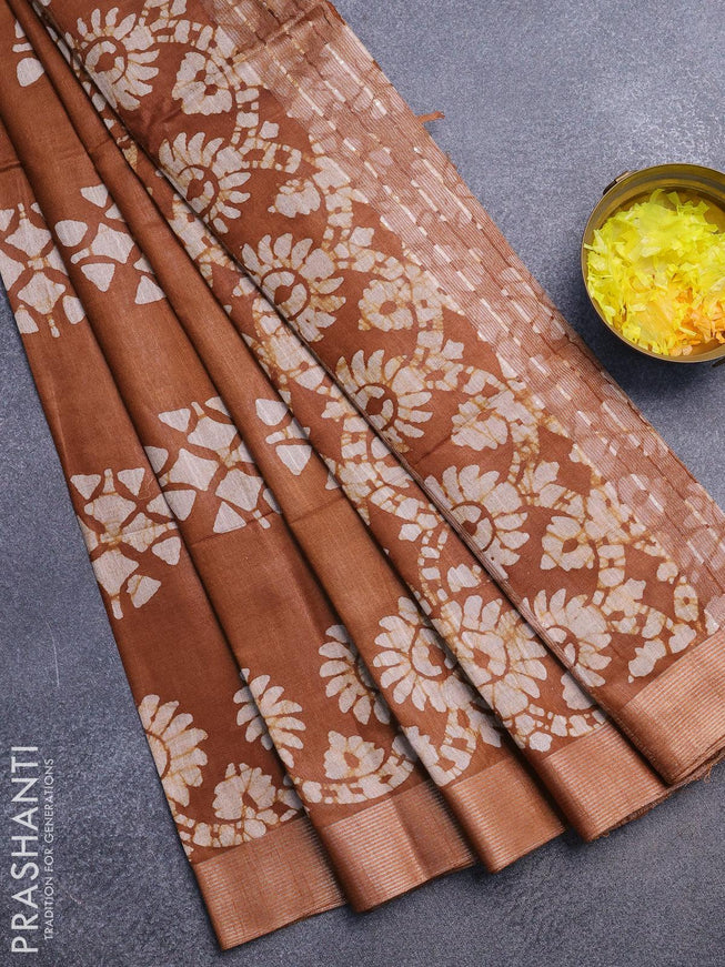 Linen cotton saree brown shade with allover batik butta prints and silver zari woven border