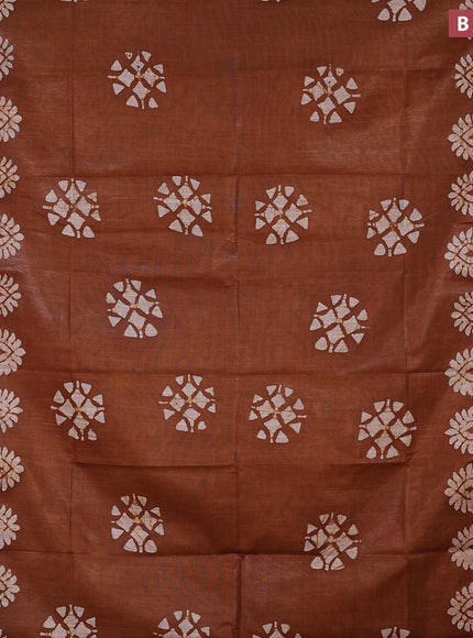 Linen cotton saree brown shade with allover batik butta prints and silver zari woven border