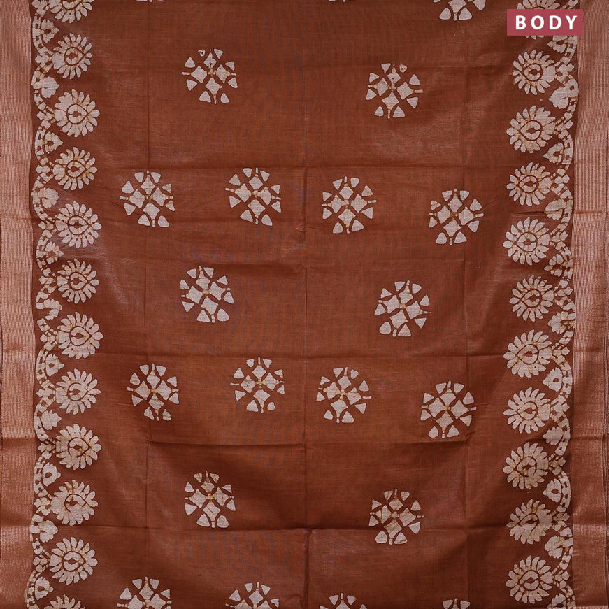 Linen cotton saree brown shade with allover batik butta prints and silver zari woven border