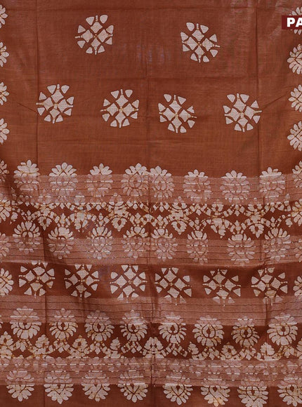 Linen cotton saree brown shade with allover batik butta prints and silver zari woven border