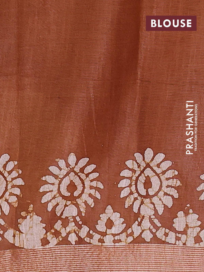 Linen cotton saree brown shade with allover batik butta prints and silver zari woven border