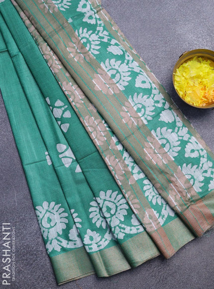 Linen cotton saree green with allover batik butta prints and silver zari woven border