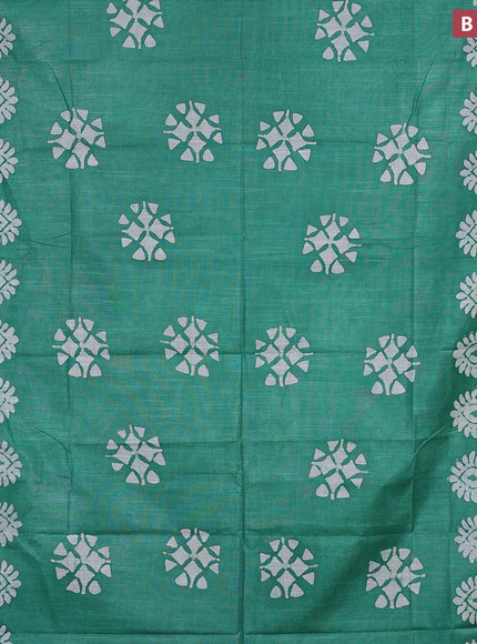 Linen cotton saree green with allover batik butta prints and silver zari woven border