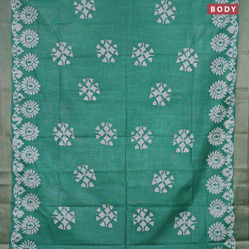 Linen cotton saree green with allover batik butta prints and silver zari woven border