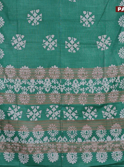 Linen cotton saree green with allover batik butta prints and silver zari woven border