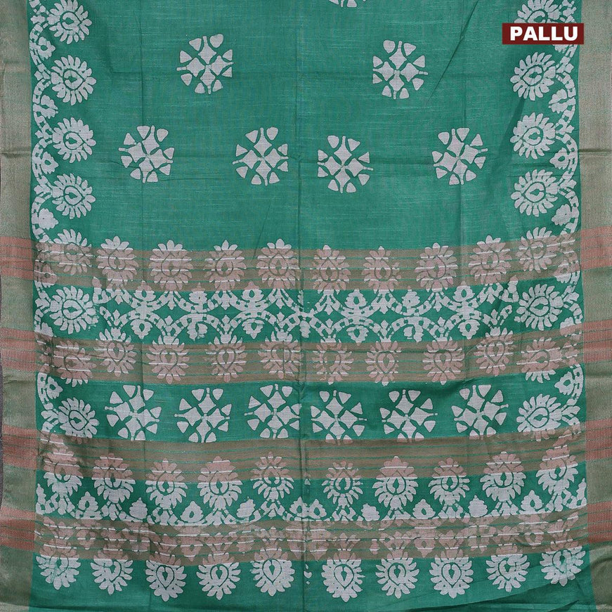 Linen cotton saree green with allover batik butta prints and silver zari woven border