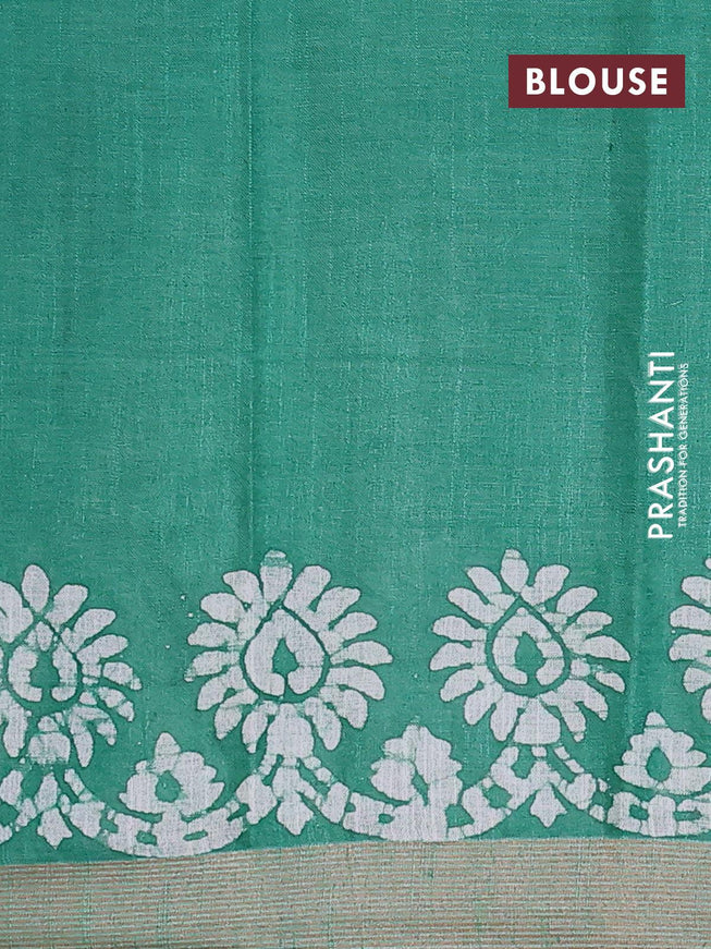 Linen cotton saree green with allover batik butta prints and silver zari woven border