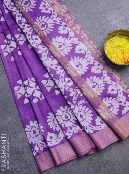 Linen cotton saree lavender with allover batik butta prints and silver zari woven border