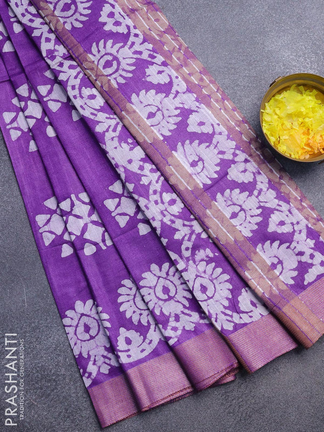 Linen cotton saree lavender with allover batik butta prints and silver zari woven border