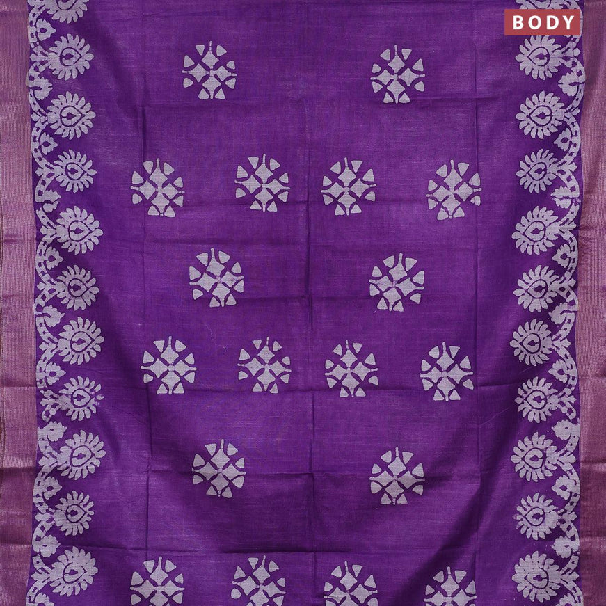 Linen cotton saree lavender with allover batik butta prints and silver zari woven border