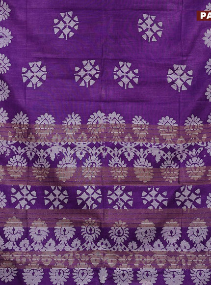 Linen cotton saree lavender with allover batik butta prints and silver zari woven border