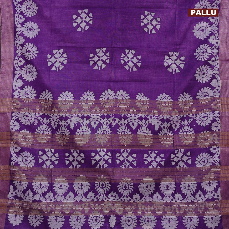 Linen cotton saree lavender with allover batik butta prints and silver zari woven border