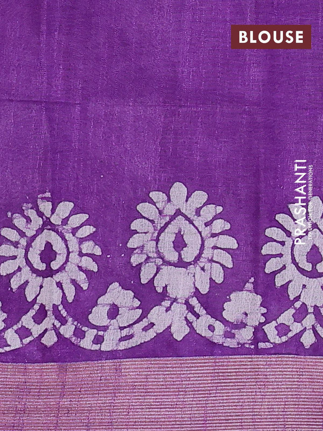 Linen cotton saree lavender with allover batik butta prints and silver zari woven border