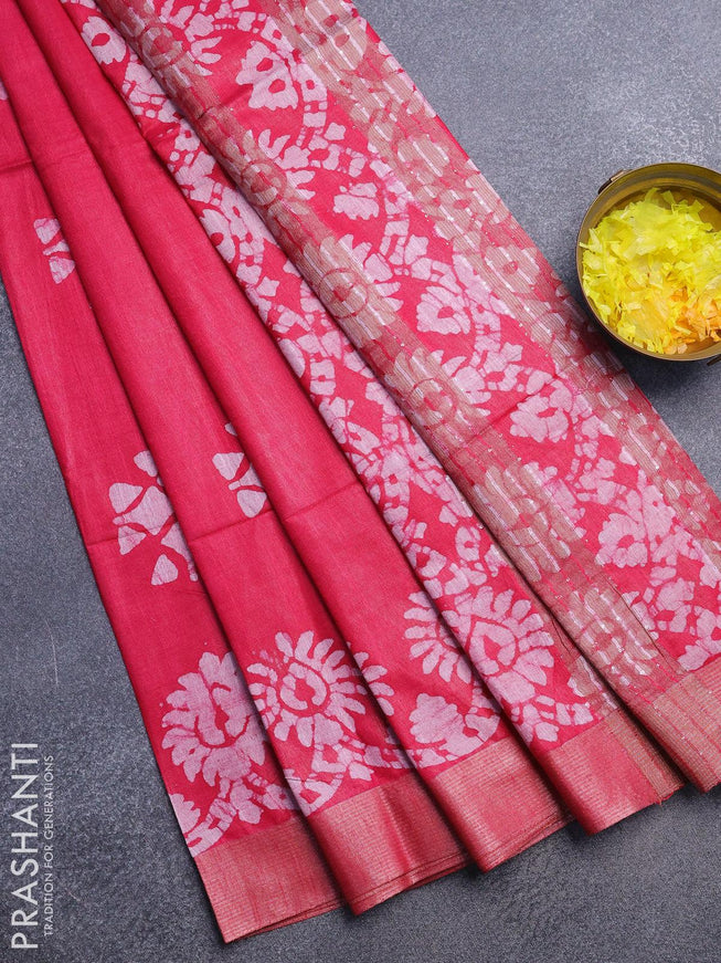 Linen cotton saree pink with allover batik butta prints and silver zari woven border